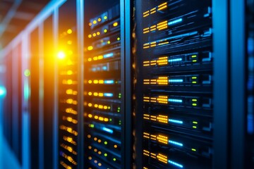 Data center with illuminated servers and modern technology.