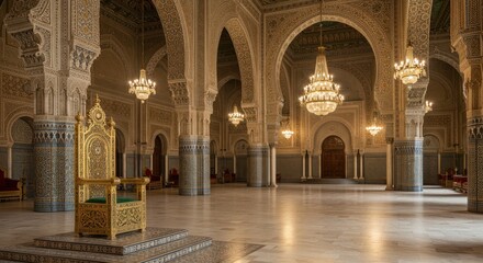 Magnificent Golden Throne in an Ornate Moroccan Palace Hall: A Glimpse into Royal Grandeur and Architectural Marvel