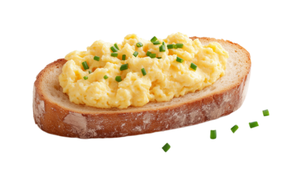 Scrambled eggs on toasted bread with chives garnish, breakfast food concept