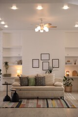 Comfortable sofa with cushions in room. Interior design