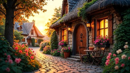 Сozy village on a summer evening with hobbit-style houses with glowing windows and lanterns at the doors, a table with fruits and chairs