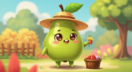 Cartoon Pear Character in Garden Smiling Holding Flowers Illustration