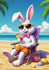 Cheerful Cartoon Rabbit Relaxing on Beach Sipping a Cocktail Illustration