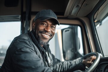 Happy black driver driving his truck and looking at camera. High quality