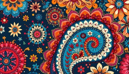 Bold, stylized paisley print with sharp lines and contrasting colors , print, art