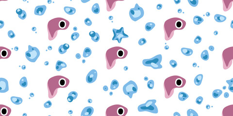 Pink Fish and Bubbles Pattern. Playful seamless marine design with cartoon fish, blue droplets and underwater elements on white background.
