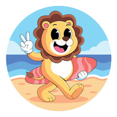 Lion Carrying Surfboard on the Beach