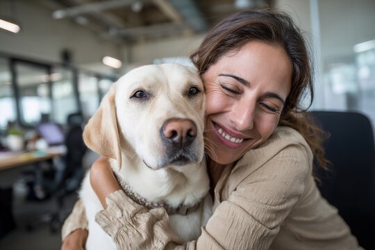 Happy businesswoman embraces her Labrador therapy dog and having fun in office. High quality