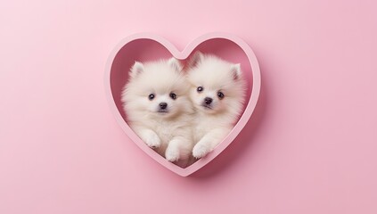 Two fluffy white Pomeranian puppies nestled inside a pink heart-shaped frame against a pink background
