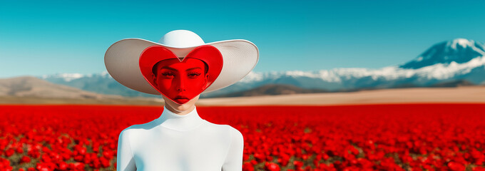 Woman in white outfit and red heart-shaped acrylic glass mask. Minimal concept surreal portrait in red flower field with mountain backdrop.