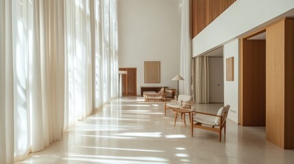 Obraz premium Minimalist interior with sunlight and white curtains residential architecture design