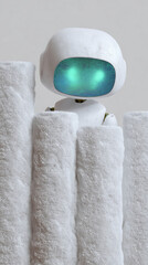 Cute white robot hiding between a stack of fluffy white folded towels – minimal textured studio concept.
