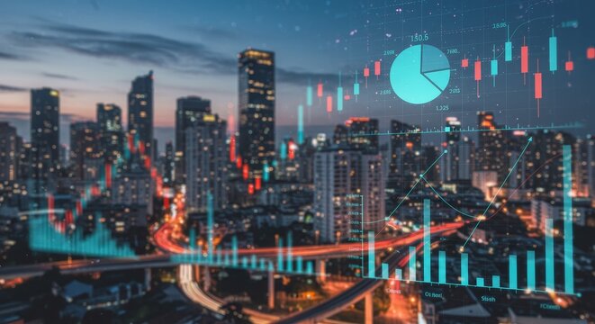 Cityscape At Night With Stock Market Data Chart A Photo