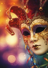 Close Up Photo Of Venetian Mask Colorful With Gold and Red Decoration