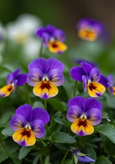 Close Up Photo of Blooming Purple and Yellow Pansy Flowers in Sunlight