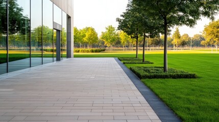 Building exterior with green space and modern architecture