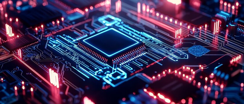 Futuristic circuit board with glowing elements and intricate patterns.