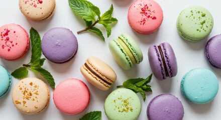 Obraz premium Colorful Macarons and Mint Leaves Arranged on a White Background Photo