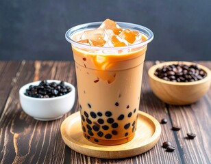 Plastic cup of Bubble tea with boba pearls, close up photography