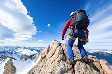 Mountain climbing adventure on rugged peak with snow and blue sky