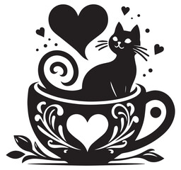 Cute Black Cat in Teacup Vector Art: Whimsical Feline Illustration with Heart Accents, Ideal for Valentine's Day & Cat Lovers