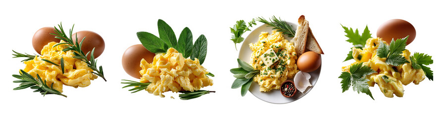 Scrambled eggs with fresh herbs and whole eggs, delicious breakfast food presentation