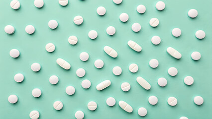 Top View of Scattered White Tablets and Pills on Mint Green Background.