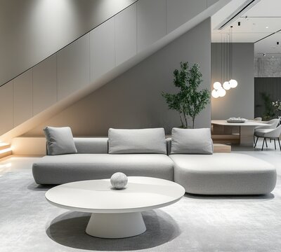 Modern living room featuring a light gray sectional sofa and a round white coffee table