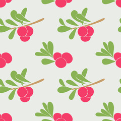 Seamless pattern with Lingonberry with branches, leaves and bright red berries.