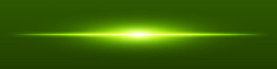 Green light beam. Sharp linear glow on dark blue background with radiant core, soft edge and tech-style brightness. Ideal for sci-fi, speed, energy, light source.