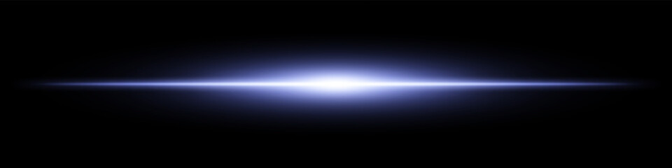 Blue light burst. Horizontal glowing ray with soft edges, shining core, radial beam gradient on black background. Suitable for future, energy, sci-fi, technology, speed, flash.