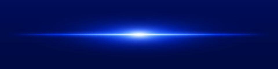 Blue light beam. Sharp linear glow on dark blue background with radiant core, soft edge and tech-style brightness. Ideal for sci-fi, speed, energy, light source.