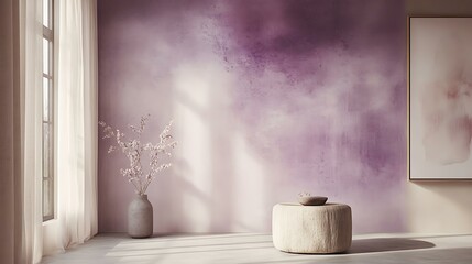 Dusty Lavender Sheer Curtain alongside a textured feature wall with watercolor-style art and soft ambient light Feminine Minimalist Sleep Sanctuaries Pastel Zen Interior Bedrooms
