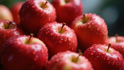 Fresh red apples glistening with water droplets, a vibrant close-up of nature's crisp sweetness