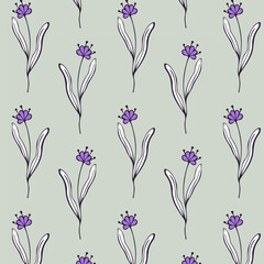 Elegant pattern with hand drawn doodle stylized lilac flowers in pastel tones. Floral background. 