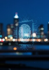 Digital Fingerprint Overlay Against City Skyline at Night Blue Light Futuristic Concept Photo