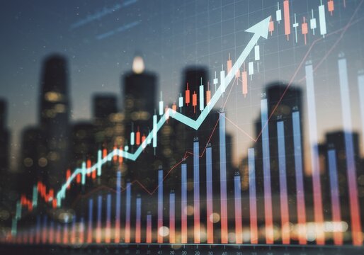 Digital Financial Market Data Analysis With Upward Arrow and City Skyline Photo