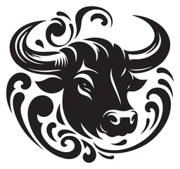 Fototapeta premium Black and White Taurus Zodiac Sign Illustration: Bull Head with Ornate Swirls, Astrological Symbol, Tattoo Design, Vector Graphic