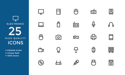 Electronics Icon Set – Wireless Mouse, Socket, Chip, Music Player, Battery, Charger, Speaker & More (Flat Vector Icons)