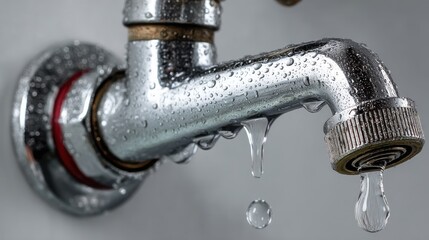 Close-up of a dripping chrome faucet with water droplets and reflections ideal for plumbing ads, water conservation campaigns and hygiene-related commercial visuals