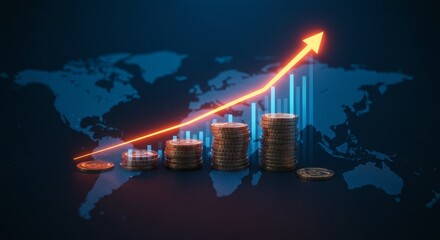 Digital Illustration of Rising Financial Success with Coins and Growth Chart