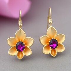 Fototapeta premium Elegant Gold Flower Earrings with Purple Gemstone on Gray Background
