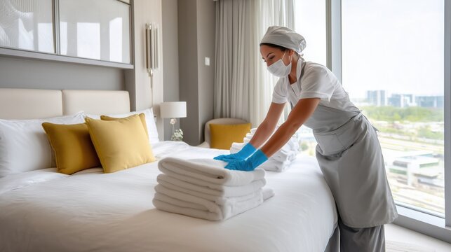 Hotel maid wearing protective face mask and gloves arranging fresh white towels on a bed in a hotel room, providing a safe and clean environment for guests
