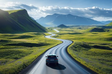 Modern electric suv car driving on a winding asphalt road through a green valley and mountains, traveling and discovering beautiful nature, road trip, wanderlust, summer vacation, exploring iceland