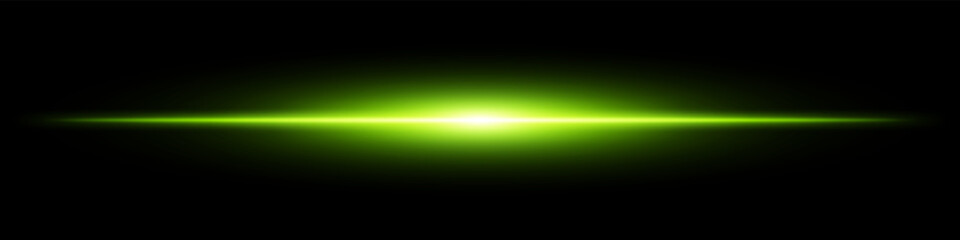 Green light burst. Horizontal glowing ray with soft edges, shining core, radial beam gradient on black background. Suitable for future, energy, sci-fi, technology, speed, flash.
