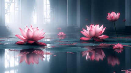 Ethereal lotus blossoms float serenely in a misty pool of water beneath grand pillars