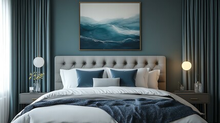 Midnight Teal Silk Curtain paired with slate gray bedding and brushed brass bedside lighting Dark Mood Luxury Interiors Teal and Noir Silk Concept Spaces