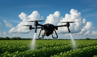 Agricultural Drone Spraying Crops in Green Field Under Blue Sky - Sprays Useful Pesticides to Increase Productivity and Destroy Harmful Insects Using Modern Technologies in Agriculture with Industrial