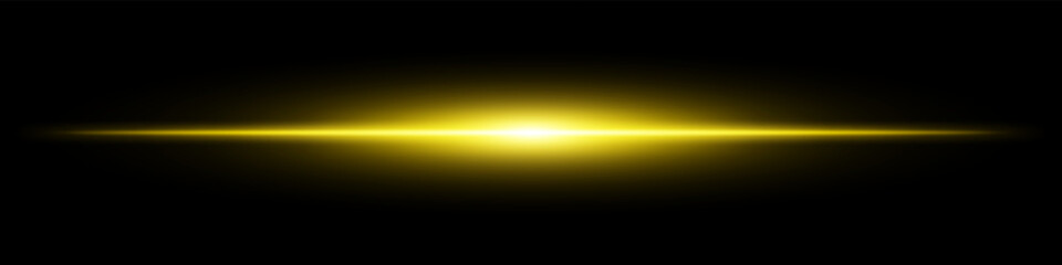 Golden light burst. Horizontal glowing ray with soft edges, shining core, radial beam gradient on black background. Suitable for future, energy, sci-fi, technology, speed, flash.
