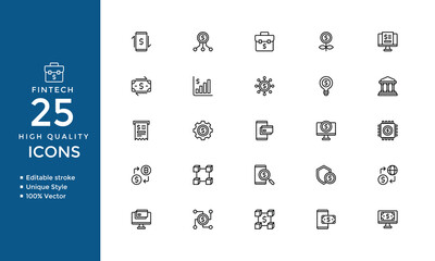 Fintech Line Icons Set – Editable Stroke Vector Collection of Digital Banking, Wallet, Biometric, Cloud Technology, and Payment Symbols
